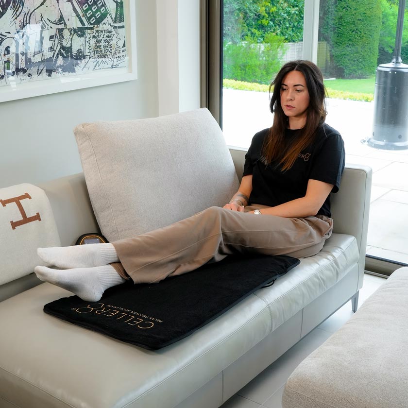 Women applying CELLER8 travel mat to legs